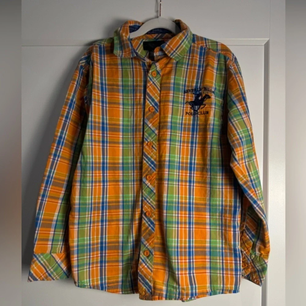 Beverly Hills Polo Club Orange Blue plaid Button Down Shirt elbow patches